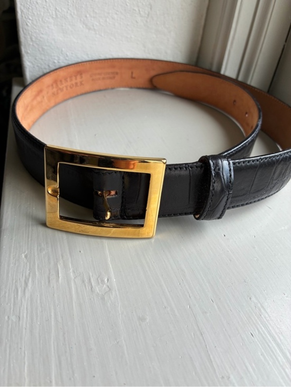 Vintage Barneys New York Black Croc Embossed Leather Belt Made In Italy Size L